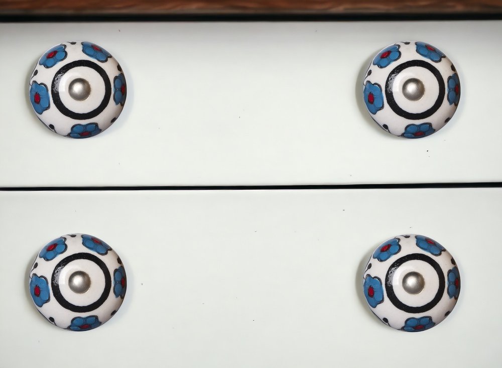 Set of Eight Blue And White Ceramic And Metal Drawer Pull Knobs