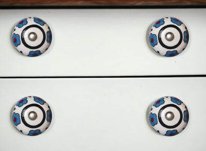Set of Eight Blue And White Ceramic And Metal Drawer Pull Knobs