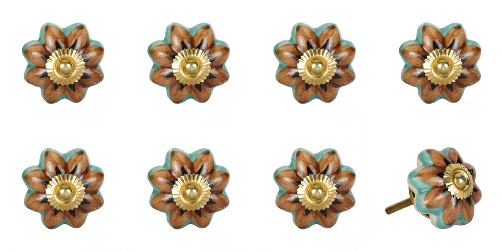 Set of Eight Blue And Red Ceramic And Metal Drawer Pull Knobs