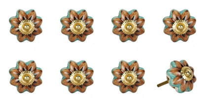 Set of Eight Blue And Red Ceramic And Metal Drawer Pull Knobs