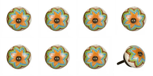 Set of Eight Blue And Orange Ceramic And Metal Drawer Pull Knobs