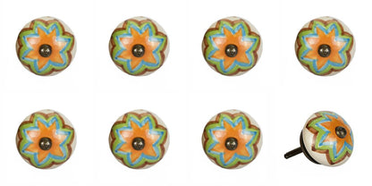 Set of Eight Blue And Orange Ceramic And Metal Drawer Pull Knobs