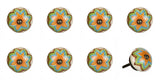 Set of Eight Blue And Orange Ceramic And Metal Drawer Pull Knobs