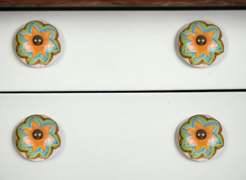 Set of Eight Blue And Orange Ceramic And Metal Drawer Pull Knobs