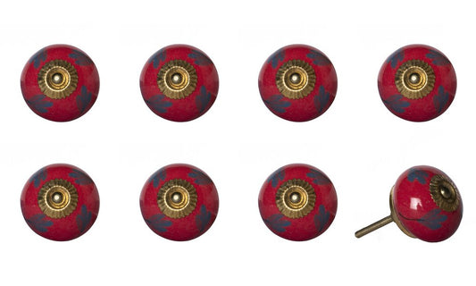 Set of Eight Blue And Red Ceramic And Metal Drawer Pull Knobs