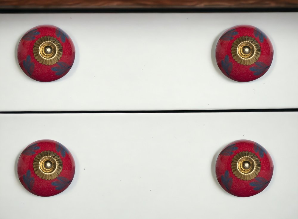 Set of Eight Blue And Red Ceramic And Metal Drawer Pull Knobs
