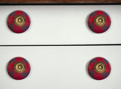 Set of Eight Blue And Red Ceramic And Metal Drawer Pull Knobs