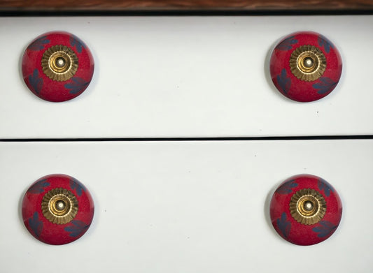 Set of Eight Blue And Red Ceramic And Metal Drawer Pull Knobs