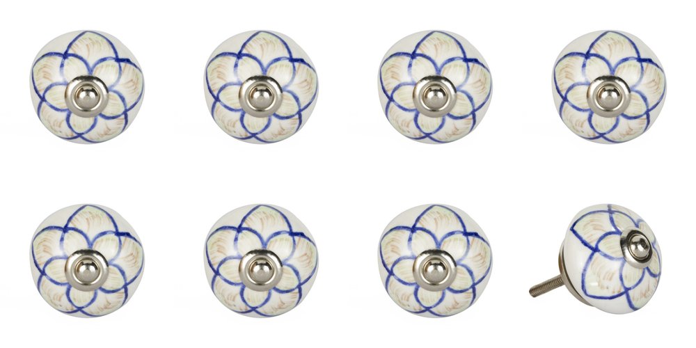 Set of Eight Blue And Cream Ceramic And Metal Drawer Pull Knobs