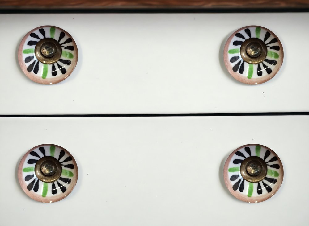 Set of Eight Brown And White Ceramic And Metal Drawer Pull Knobs