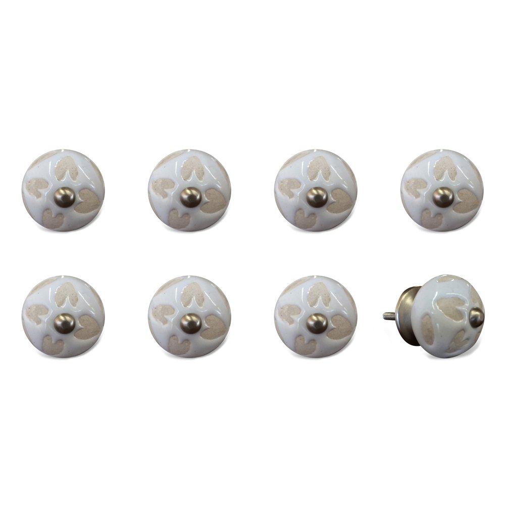Set of Eight Beige And White Ceramic And Metal Drawer Pull Knobs