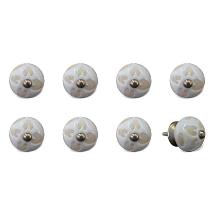 Set of Eight Beige And White Ceramic And Metal Drawer Pull Knobs