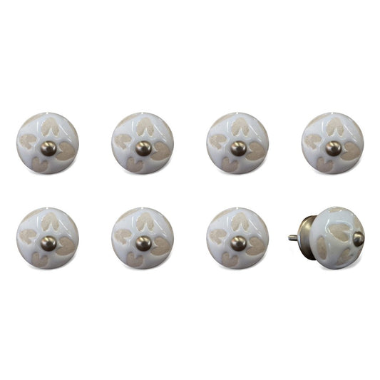 Set of Eight Beige And White Ceramic And Metal Drawer Pull Knobs