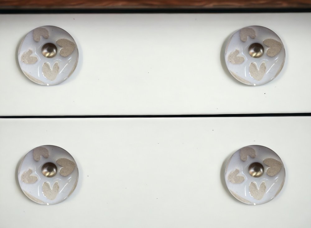 Set of Eight Beige And White Ceramic And Metal Drawer Pull Knobs