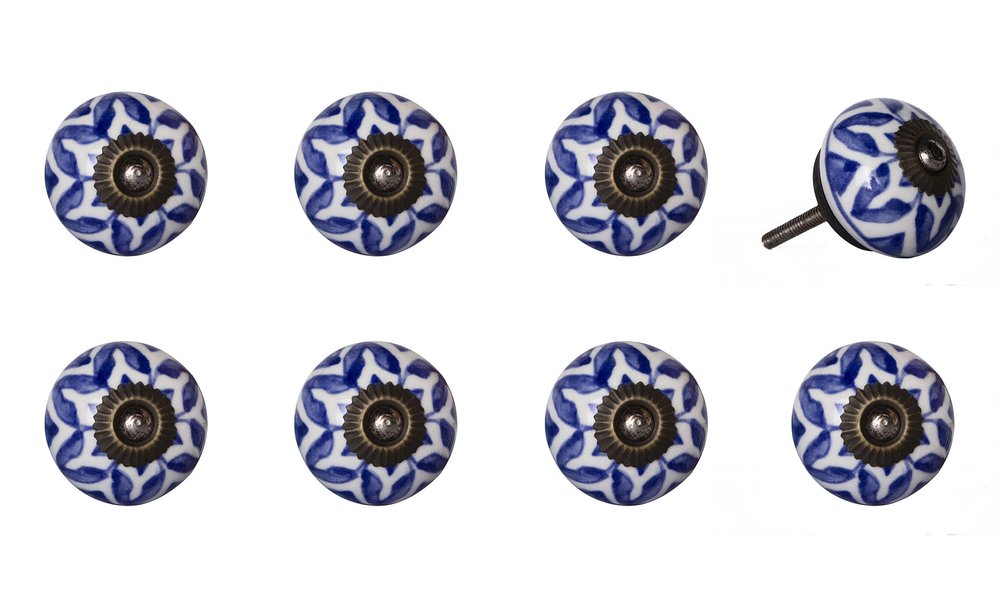 Set of Eight Blue And White Ceramic And Metal Drawer Pull Knobs