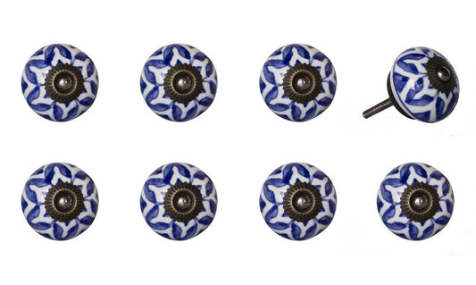 Set of Eight Blue And White Ceramic And Metal Drawer Pull Knobs