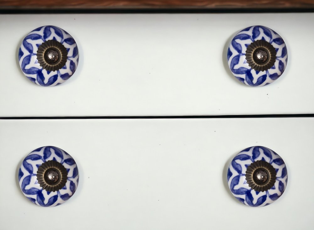 Set of Eight Blue And White Ceramic And Metal Drawer Pull Knobs