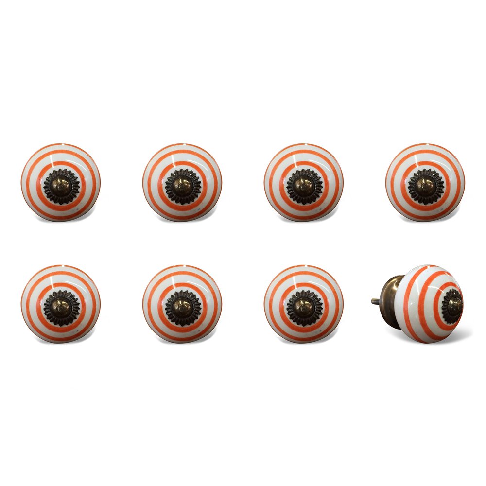 Set of Eight Orange And White Ceramic And Metal Drawer Pull Knobs