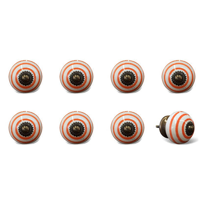 Set of Eight Orange And White Ceramic And Metal Drawer Pull Knobs