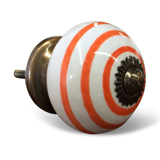 Set of Eight Orange And White Ceramic And Metal Drawer Pull Knobs