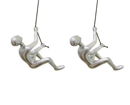Set of Two Silver Resin Climbing Man Hanging Dimensional Sculpture