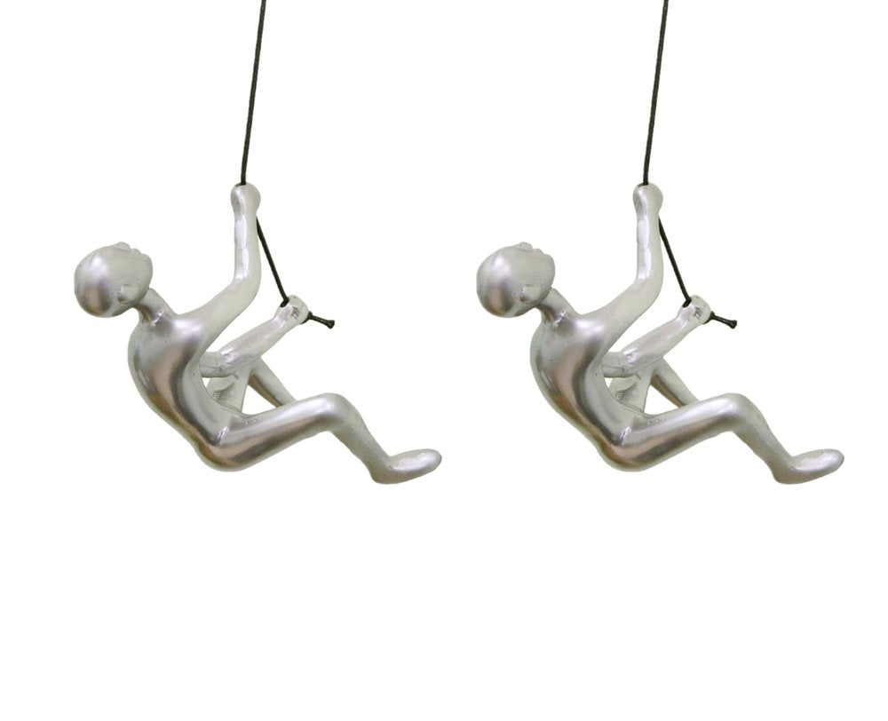 Set of Two Silver Resin Climbing Man Hanging Dimensional Sculpture