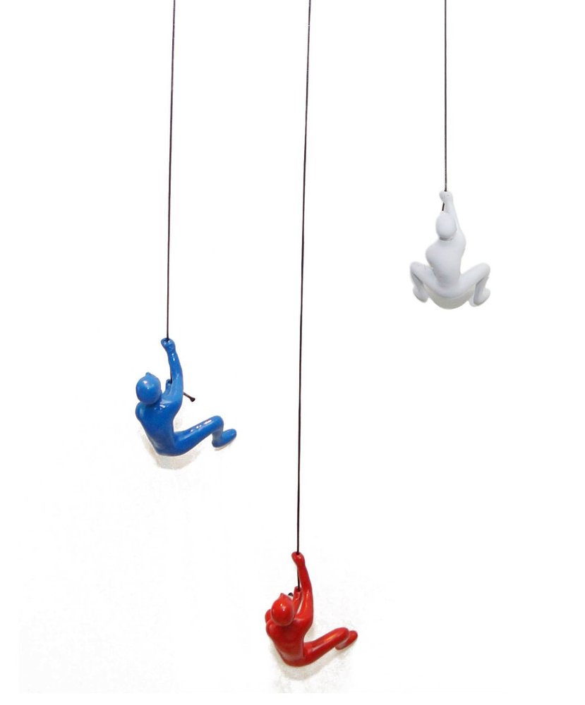 Set of Three Blue Red And White Resin Climbing Man Hanging Dimensional Sculpture
