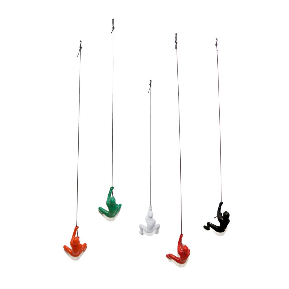 Set of Five Black Green Orange Red And White Resin Climbing Man Hanging Dimensional Sculpture