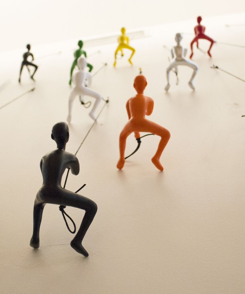 Set of Five Black Green Orange Red And White Resin Climbing Man Hanging Dimensional Sculpture