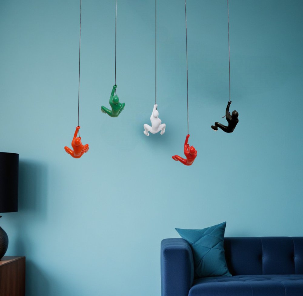 Set of Five Black Green Orange Red And White Resin Climbing Man Hanging Dimensional Sculpture