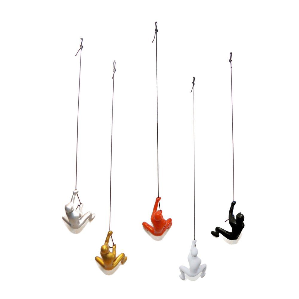 Set of Five Black Gold Orange Silver And White Resin Climbing Man Hanging Dimensional Sculpture
