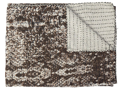 50" X 70" Brown And Ivory Cotton Quilted Kantha Throw Blanket With Embroidery