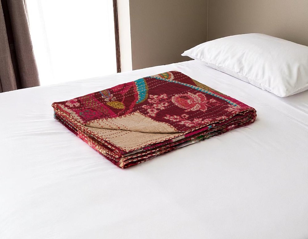 50" X 70" Orange And Yellow Floral Cotton Quilted Kantha Throw Blanket with Embroidery