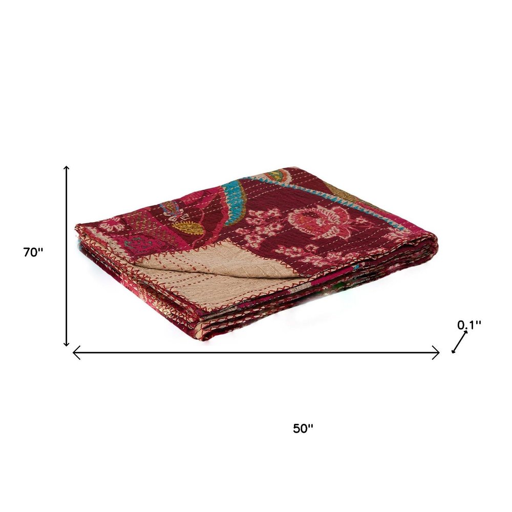 50" X 70" Orange And Yellow Floral Cotton Quilted Kantha Throw Blanket with Embroidery