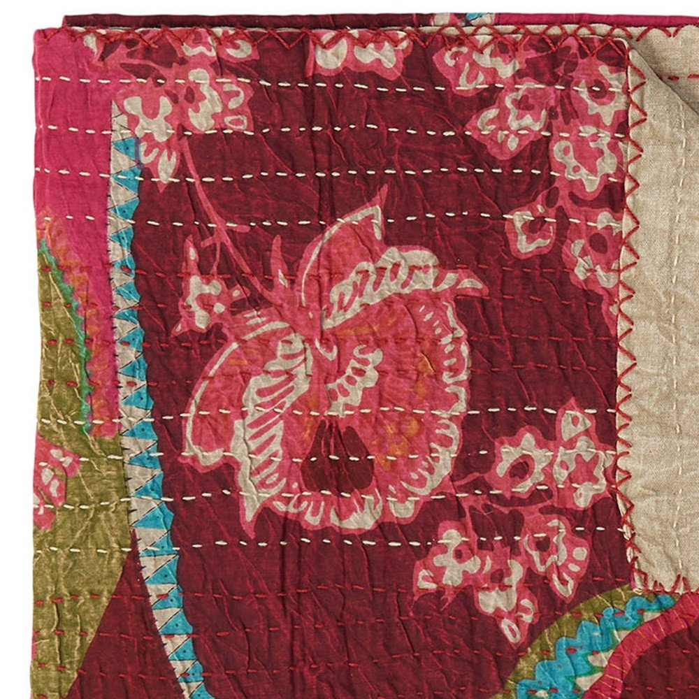 50" X 70" Orange And Yellow Floral Cotton Quilted Kantha Throw Blanket with Embroidery