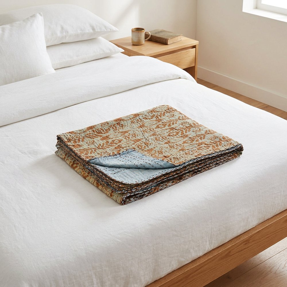 50" X 70" Green Orange And Teal Cotton Quilted Abstract Throw Blanket with Embroidery