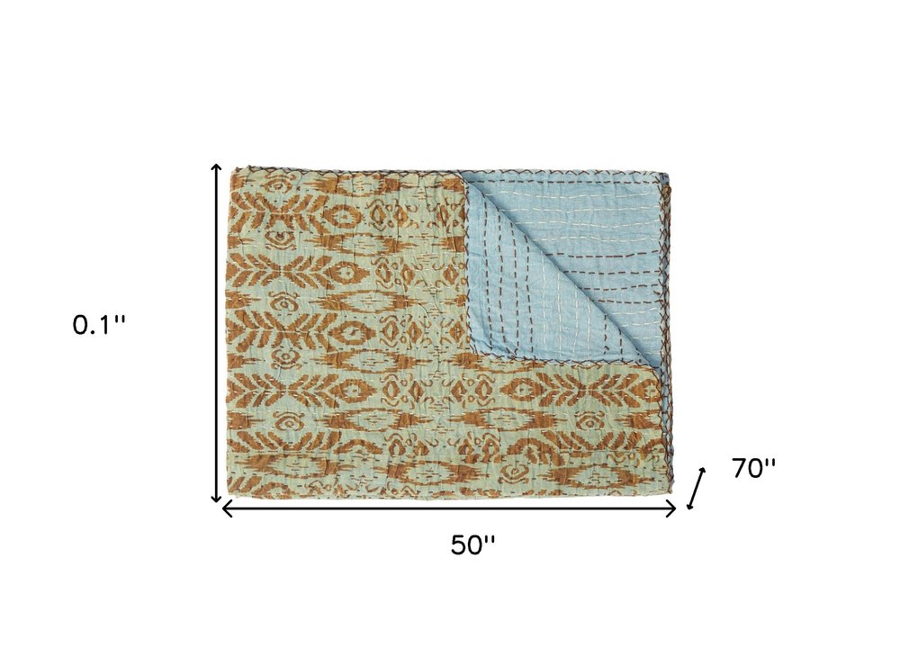 50" X 70" Green Orange And Teal Cotton Quilted Abstract Throw Blanket with Embroidery