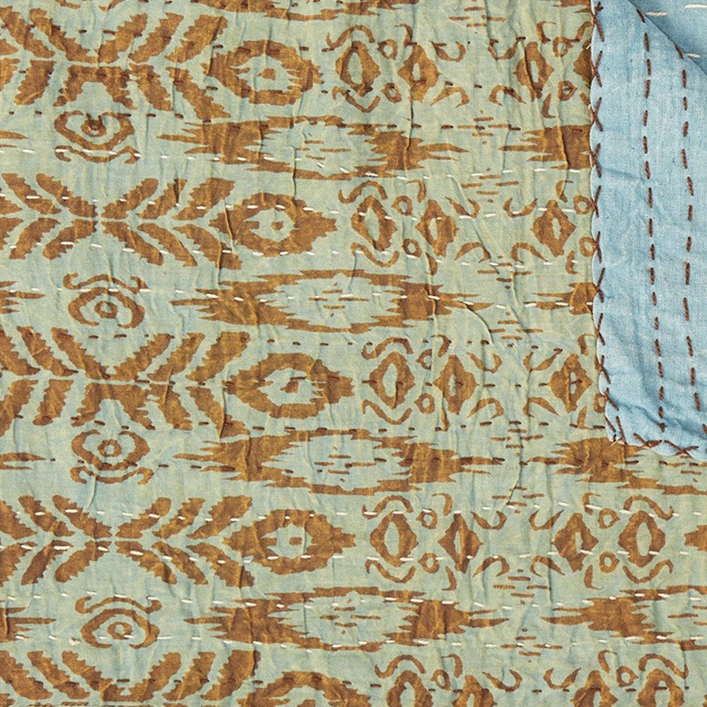 50" X 70" Green Orange And Teal Cotton Quilted Abstract Throw Blanket with Embroidery