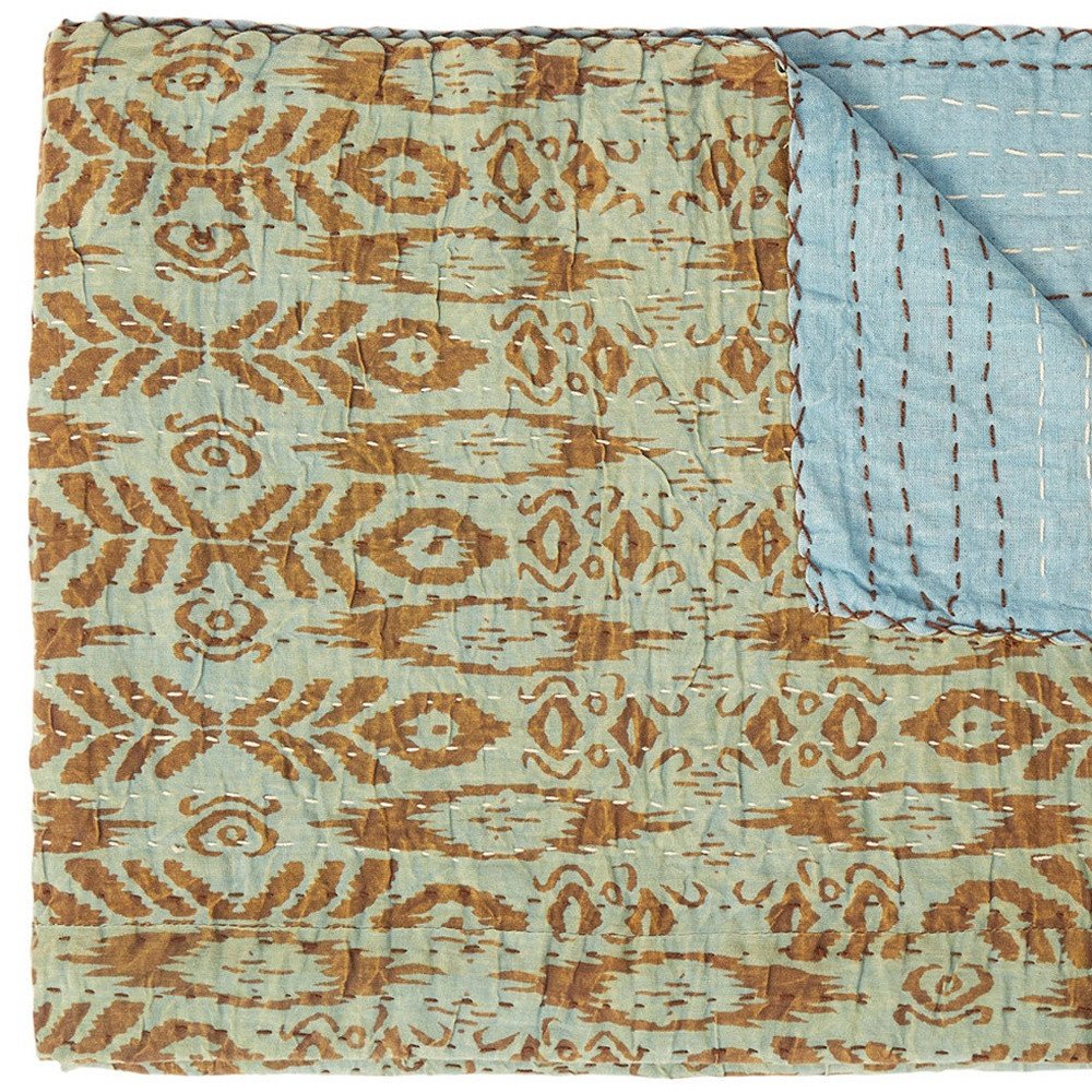 50" X 70" Green Orange And Teal Cotton Quilted Abstract Throw Blanket with Embroidery