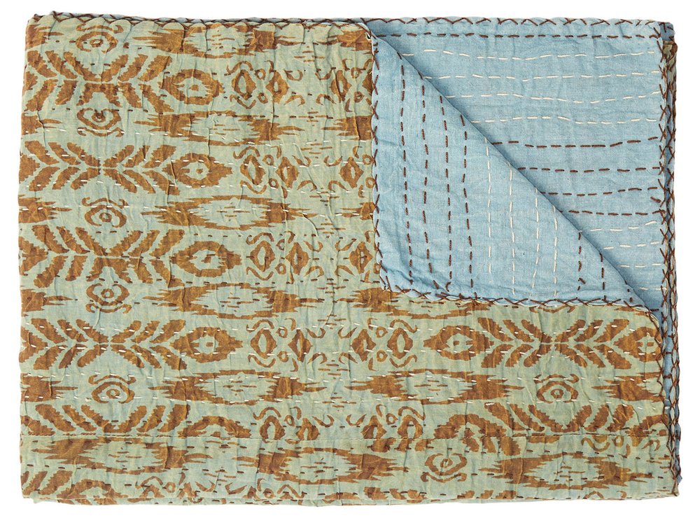 50" X 70" Green Orange And Teal Cotton Quilted Abstract Throw Blanket with Embroidery
