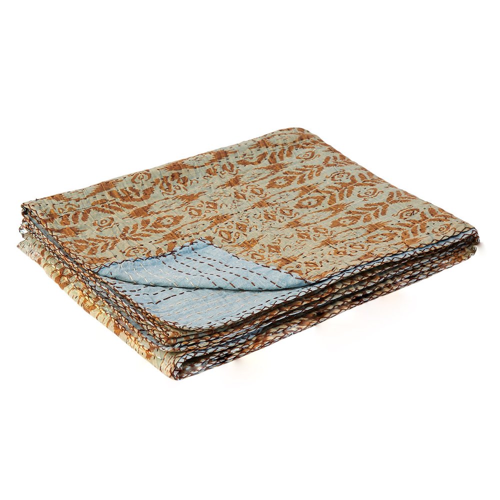 50" X 70" Green Orange And Teal Cotton Quilted Abstract Throw Blanket with Embroidery