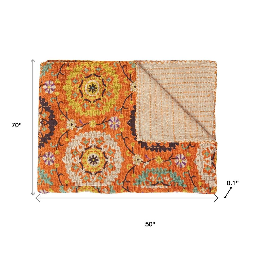 50" X 70" Red Floral Cotton Quilted Kantha Throw Blanket with Embroidery