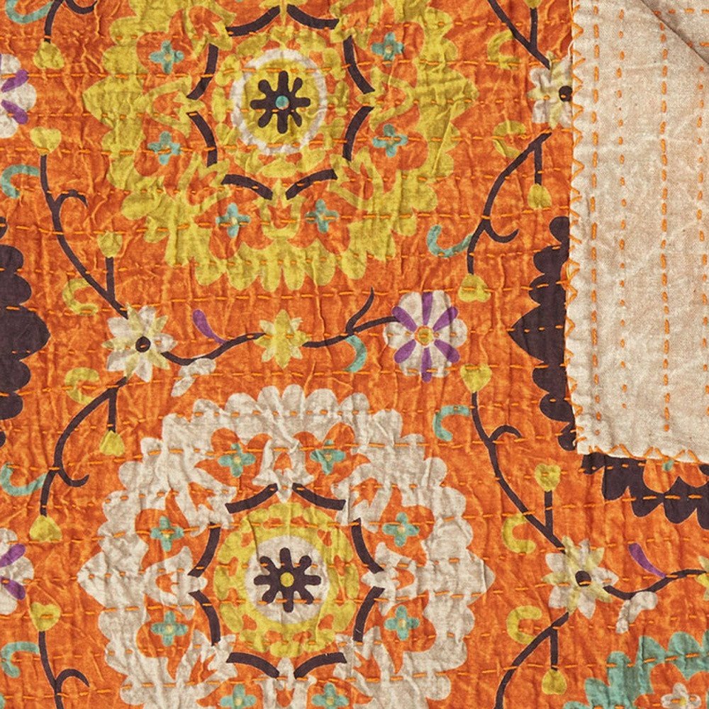 50" X 70" Red Floral Cotton Quilted Kantha Throw Blanket with Embroidery