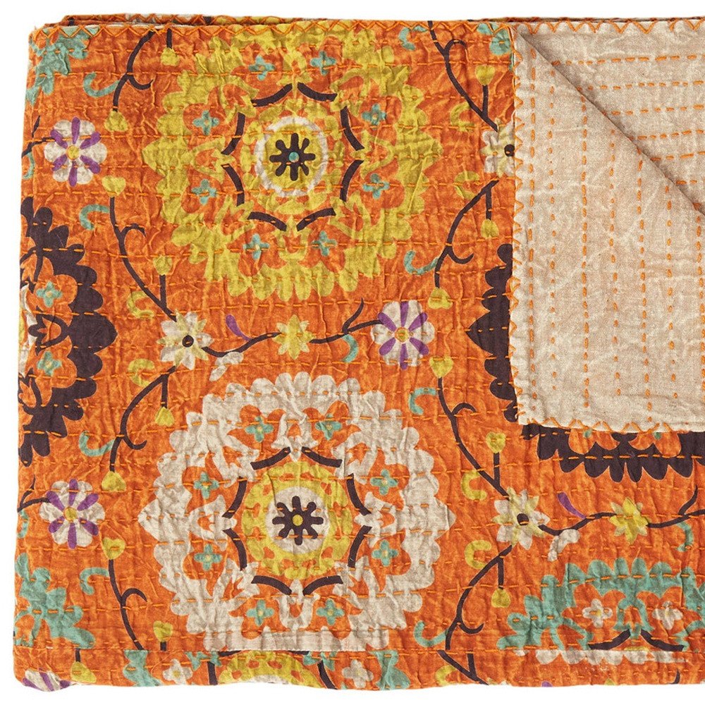 50" X 70" Red Floral Cotton Quilted Kantha Throw Blanket with Embroidery