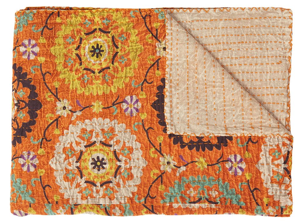 50" X 70" Red Floral Cotton Quilted Kantha Throw Blanket with Embroidery