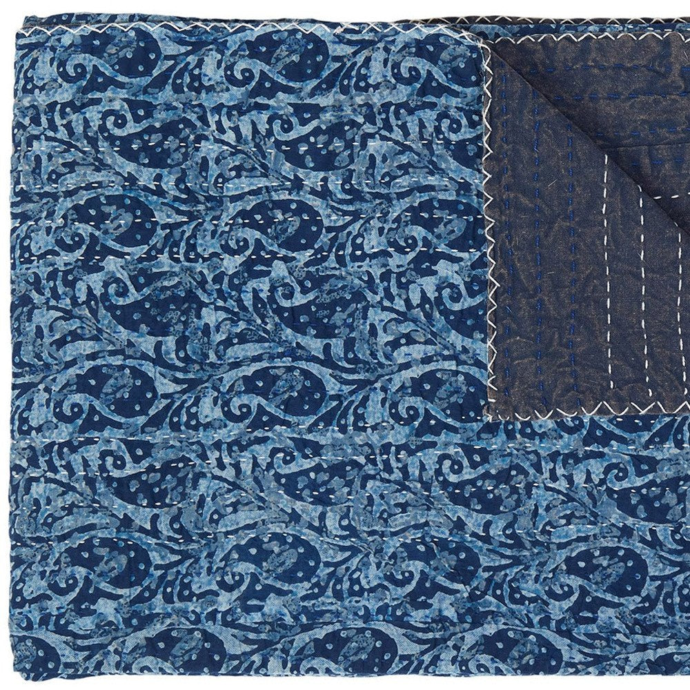 50" X 70" Blue Paisley Cotton Quilted Kantha Throw Blanket with Embroidery