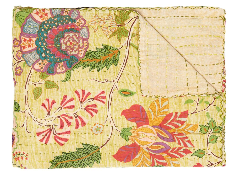 50" X 70" Red Floral Cotton Quilted Kantha Throw Blanket with Embroidery