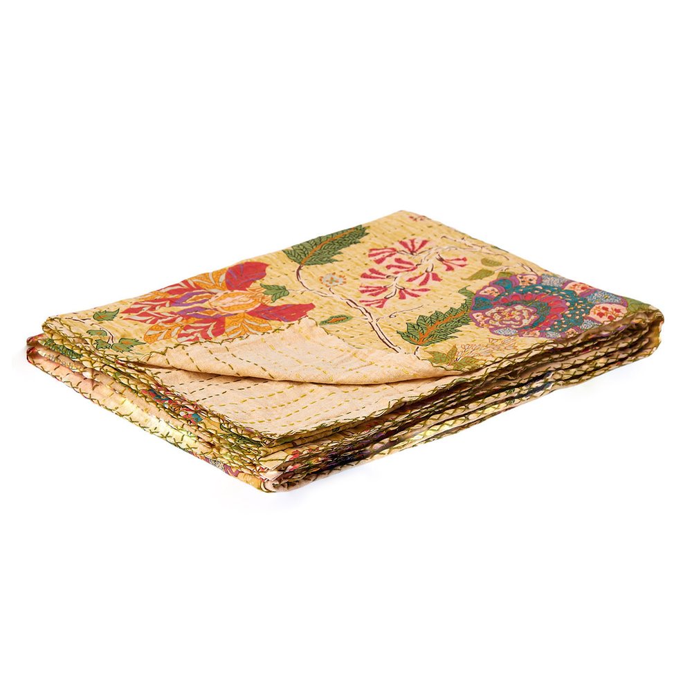 50" X 70" Orange And Yellow Floral Cotton Quilted Kantha Throw Blanket with Embroidery