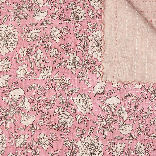 50" X 70" Pink And Blush Floral Cotton Quilted Kantha Throw Blanket with Embroidery
