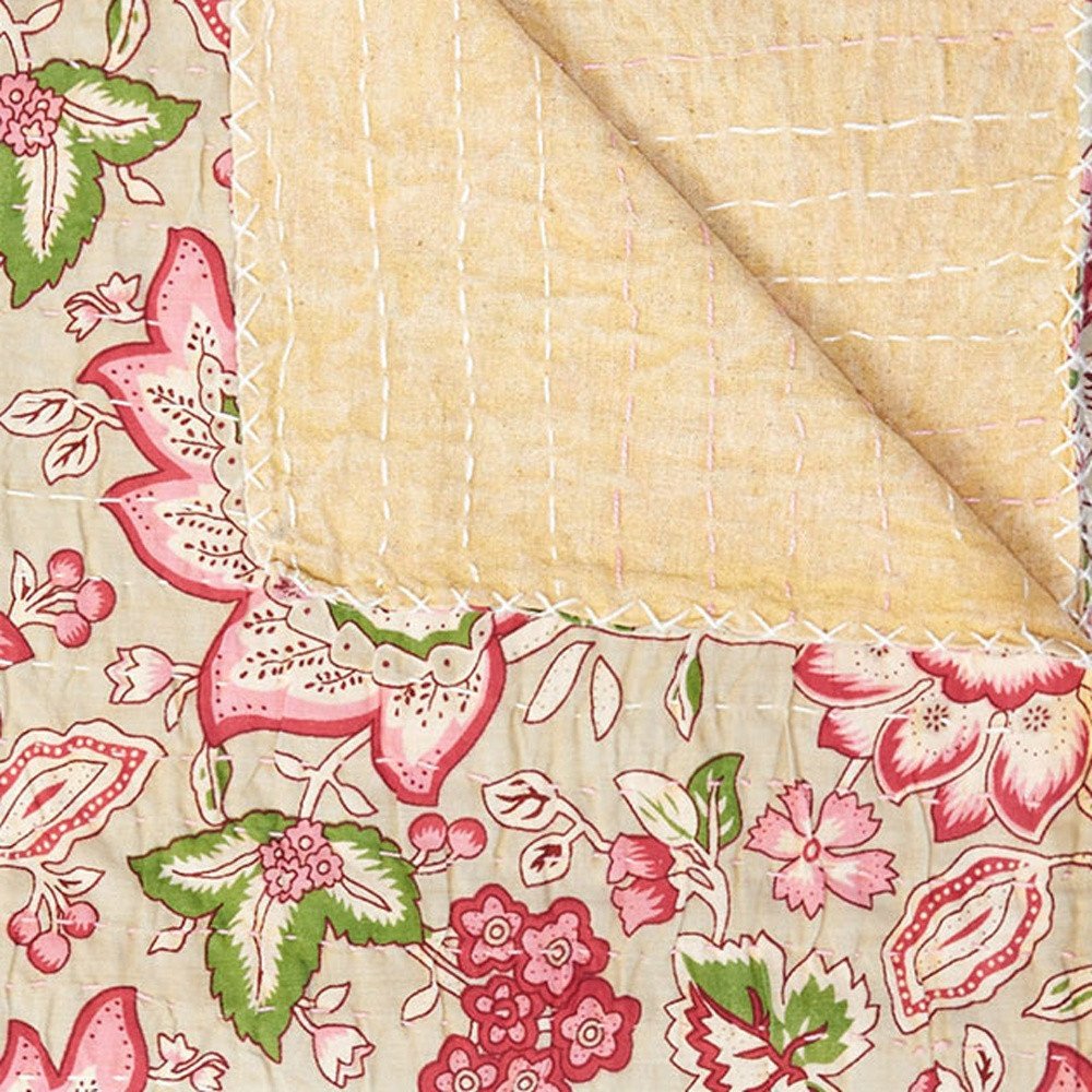 50" X 70" Pink And Blush Floral Cotton Quilted Kantha Throw Blanket with Embroidery